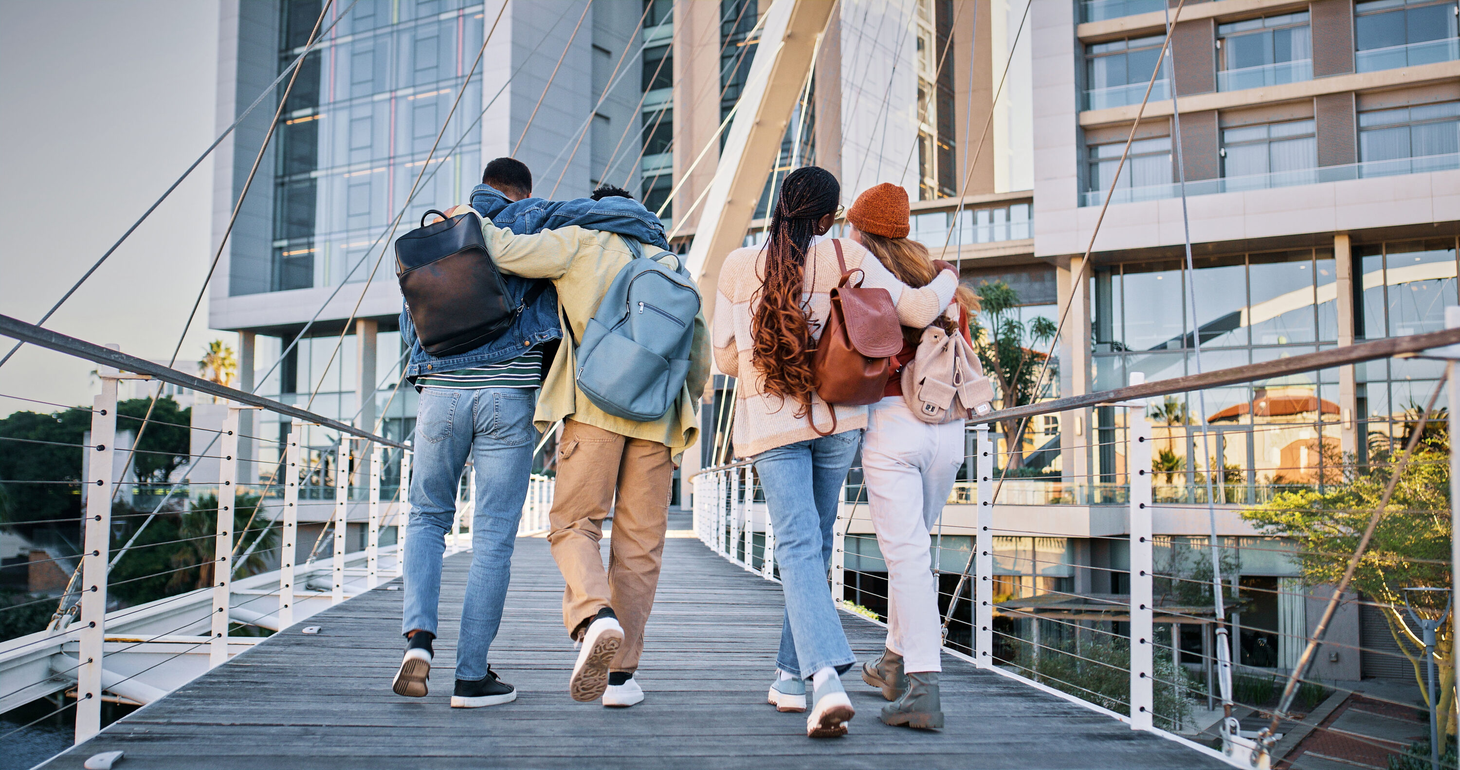 Students backpacks bridge arrival Germany mobility